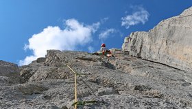 In der steilen Verschneidung der letzten Seillänge (Bergsteigernudeln).