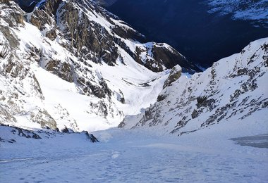 Ortler Nordwand - Blick hinunter in Richtung Einstieg.