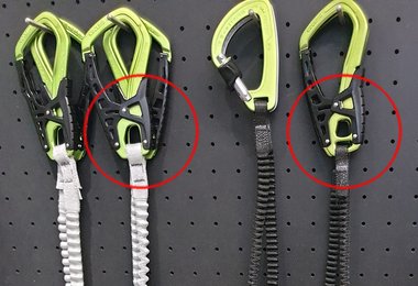 Recht die neue Edelrid-Klettersteig mit dem zusätzlichen Loch