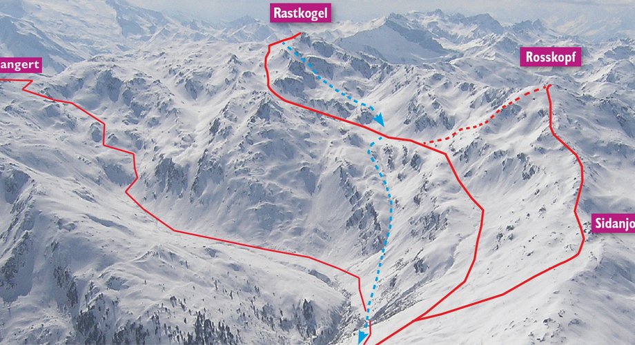 Der Aufstieg zum Pangert durch das Sidantal und die Abfahrt in der Nordostrinne.