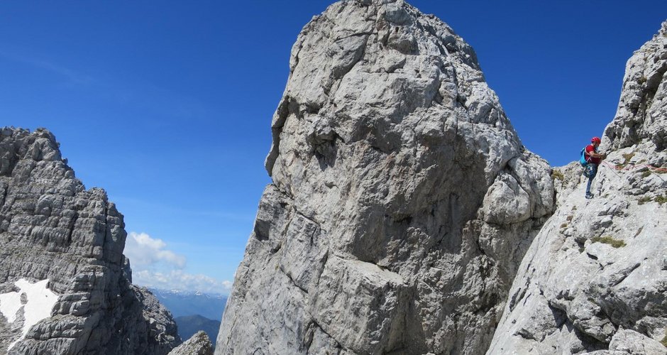 In der drittletzten Seillänge der Route Anfängerglück, 805 m, 3+