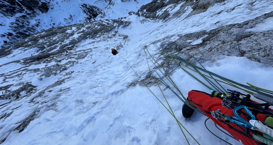 Simon Gietl in der Route Aura am Langkofel