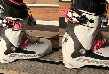 Die Schnallenposition (obere rosa Schnalle) - links Aufstieg, rechts Abfahrt