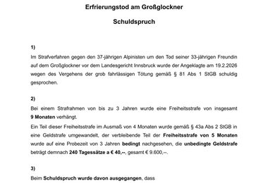 Medieninformation Erfrierungstod am Großglockner Schuldspruch