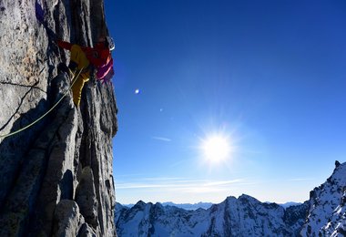 Steile Kletterei auf die Ago di Sciora.