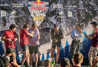 (L-R) Sascha Lehmann of Switzerland, Andrea Kumin of Switzerland, Jakob Schubert of Austria, Jessica Pilz of Austria, Jennifer Buckley of Slovenia and Darius Papa of Romania celebrate during the final of Red Bull Dual Ascent in Verzasca, Switzerland on No