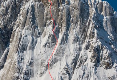 Die 1500m hohe Ostwand des Moose's Tooth in Alaska mit David und Dani's Erstbegehung, Bird of Prey (c) David Lama