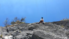 Die 6+ Stelle in der zweiten Seillänge der Clessidra an der Parete Pezol